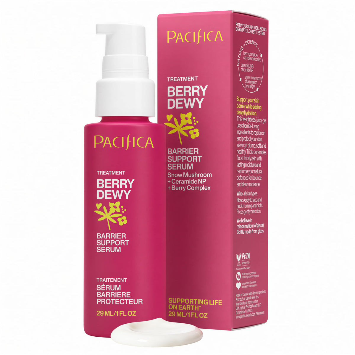 Pacifica bottle front view showing label and dewy serum benefit