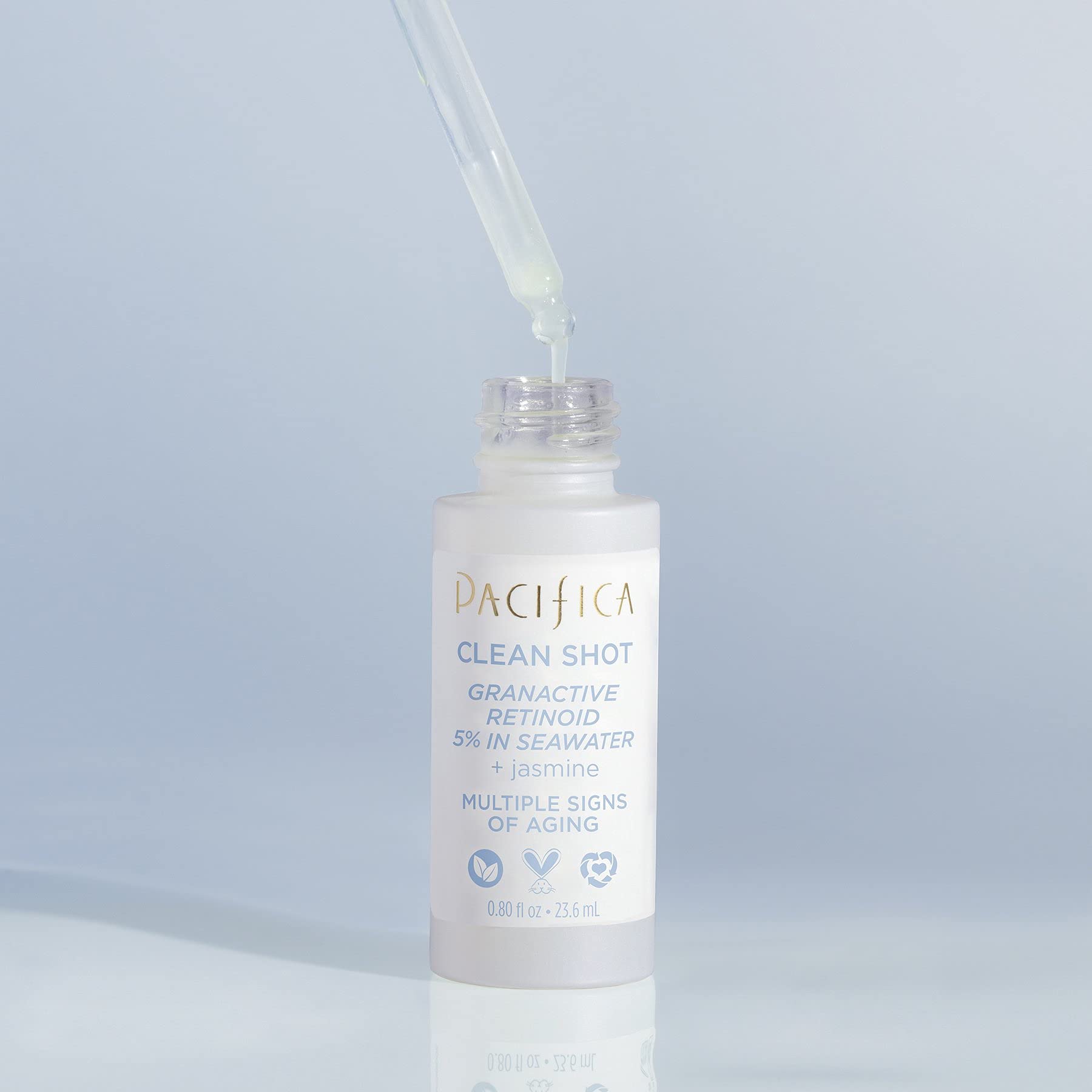 Pacifica Clean Shot dropper with serum texture visible benefit: lightweight absorption