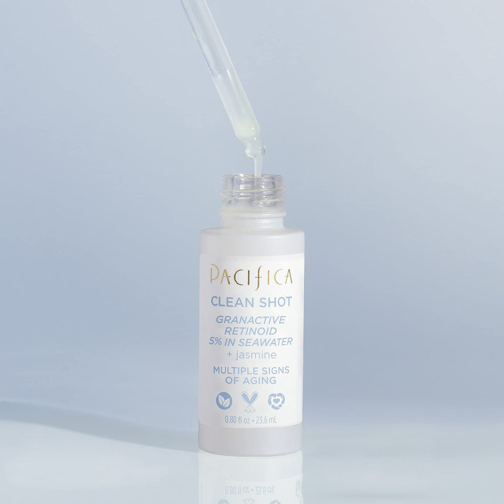 Pacifica Clean Shot dropper with serum texture visible benefit: lightweight absorption