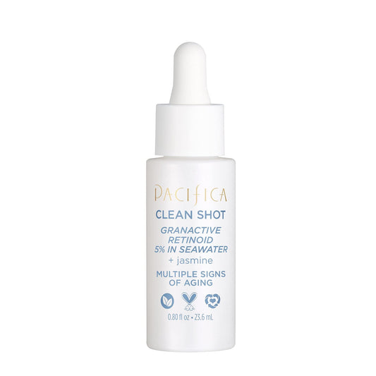 Pacifica Clean Shot front bottle showing label and compact packaging benefit: clear active delivery