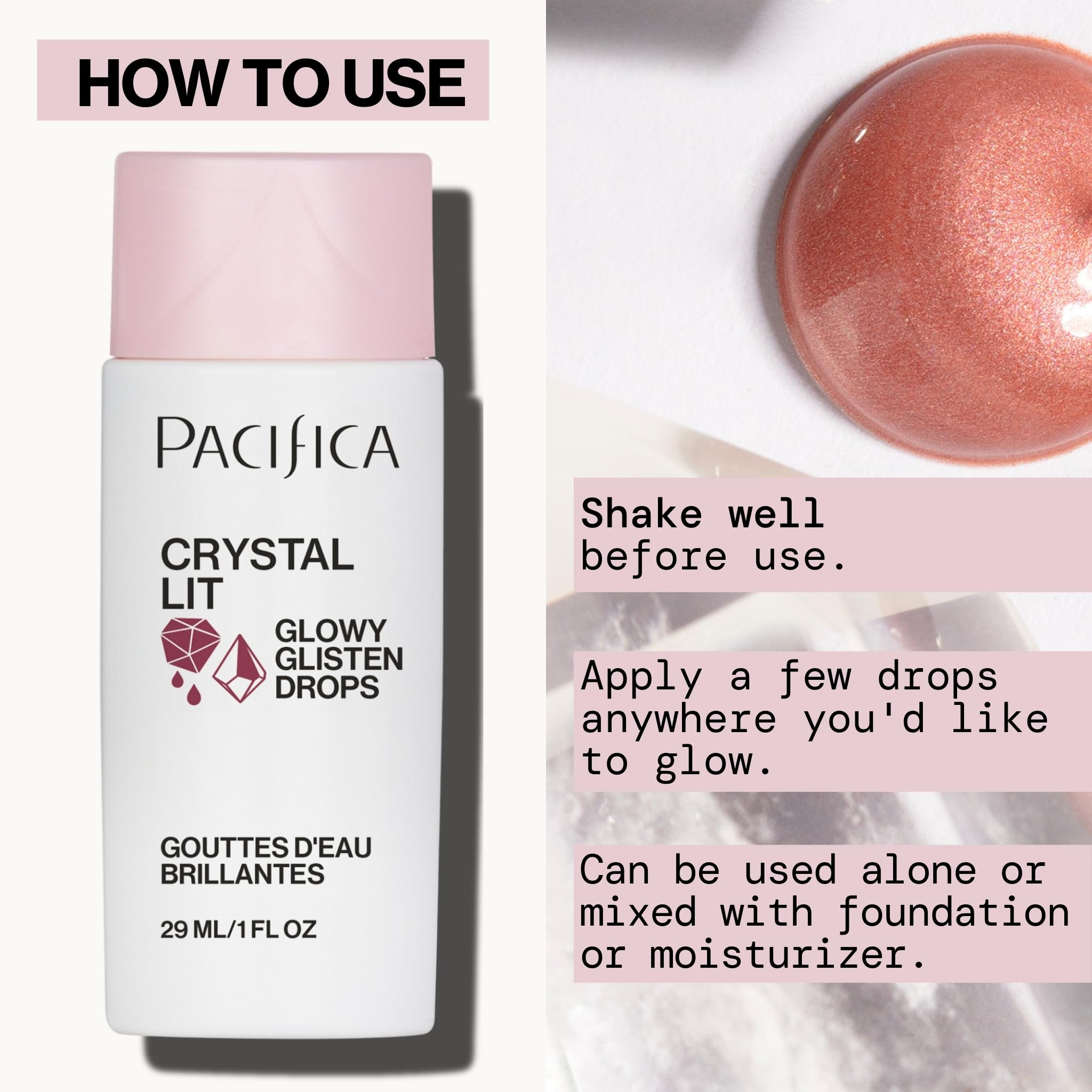 Pacifica Crystal Lit on lips adding a glossy, luminous finish
