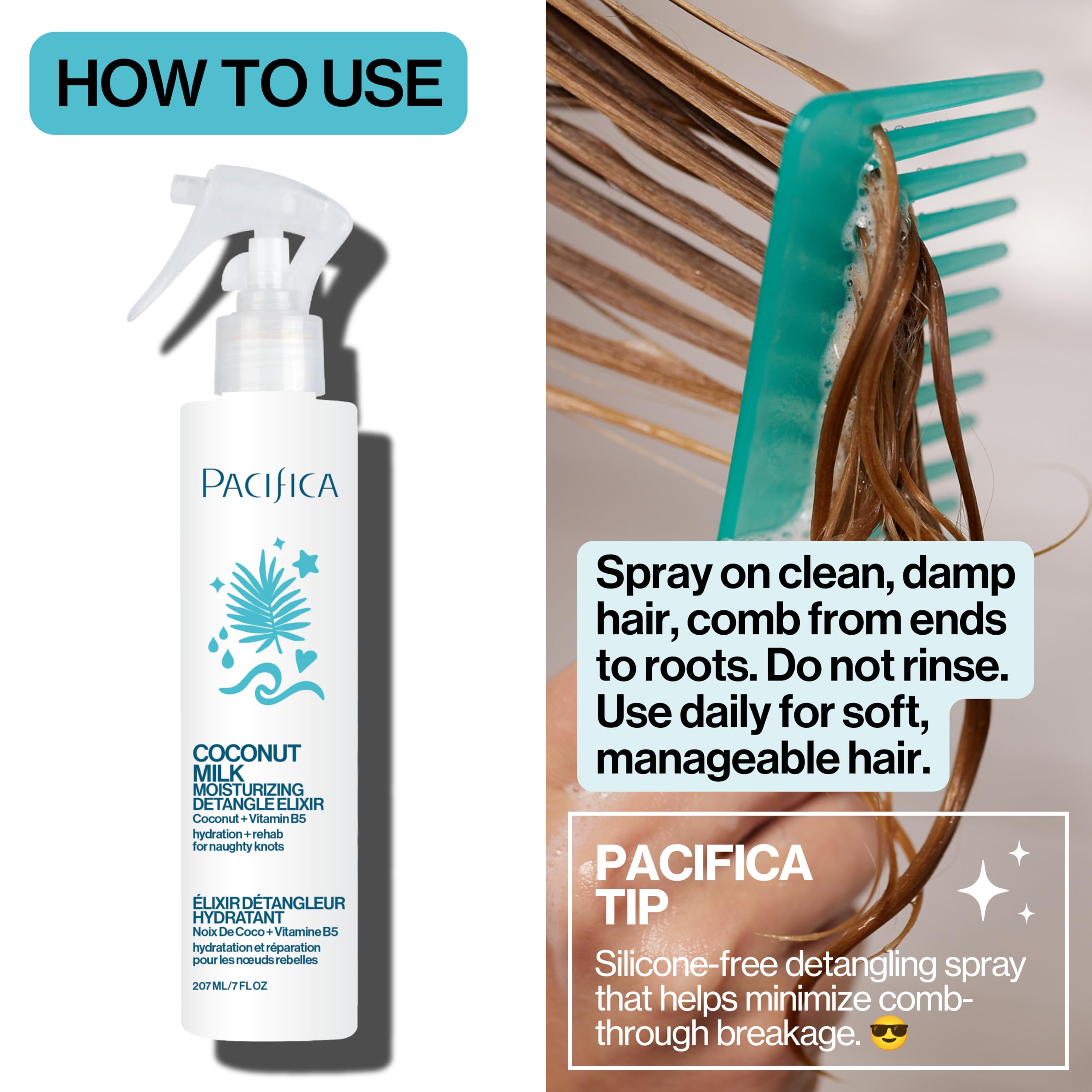 Hand spraying Pacifica detangler illustrating quick knot-release action