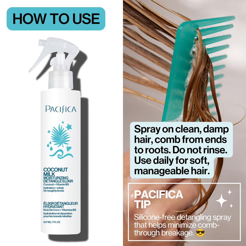 Hand spraying Pacifica detangler illustrating quick knot-release action