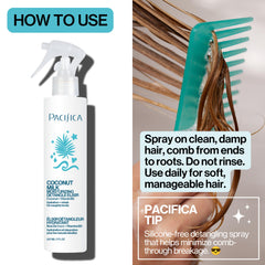 Hand spraying Pacifica detangler illustrating quick knot-release action