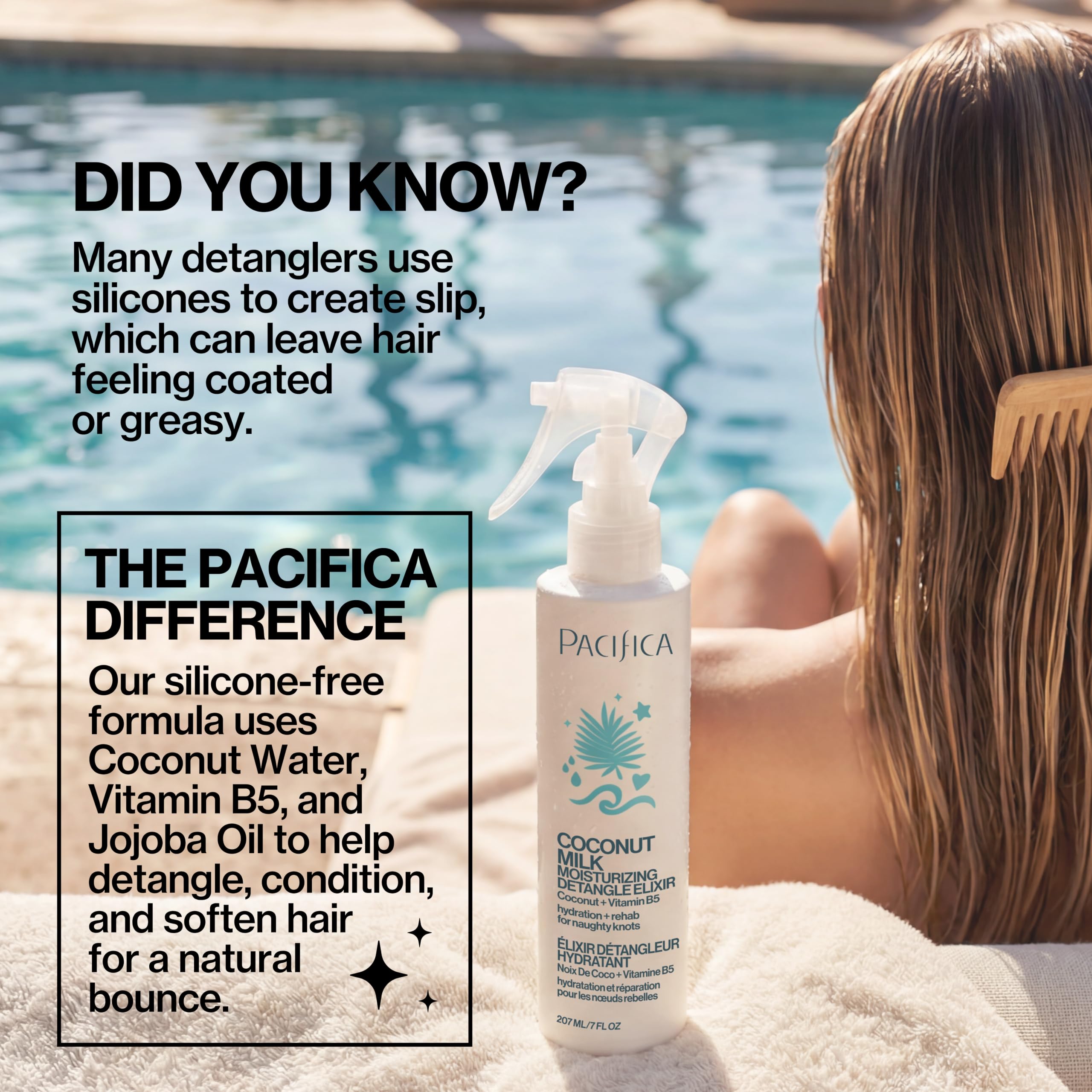 Woman with beach waves using Pacifica for frizz control and lightweight conditioning