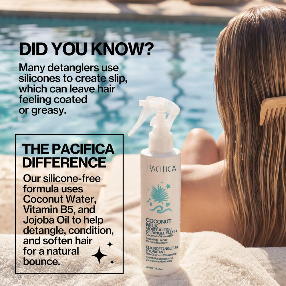 Woman with beach waves using Pacifica for frizz control and lightweight conditioning