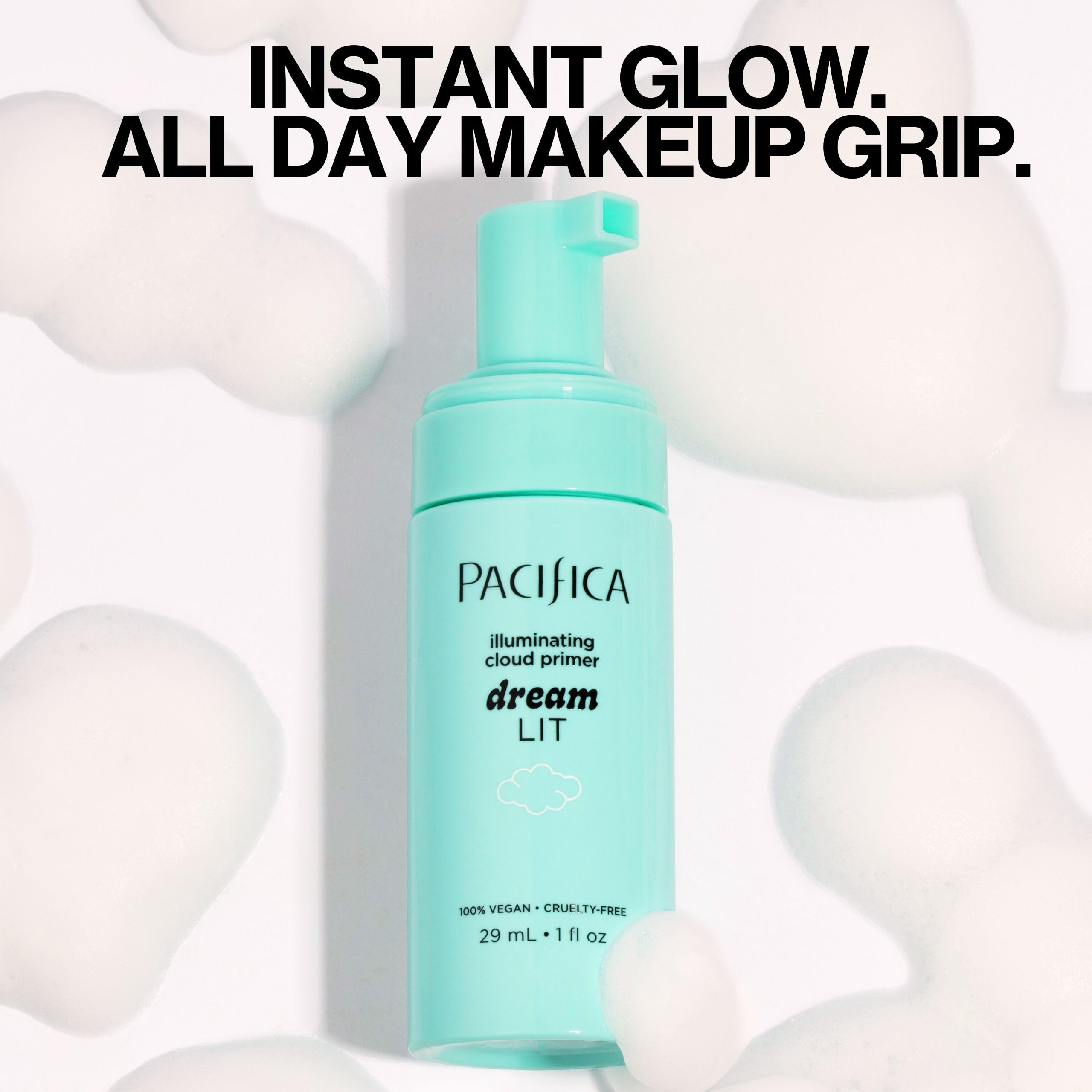 Pacifica Dreamlit foam dispensed on hand demonstrating airy texture and easy spread