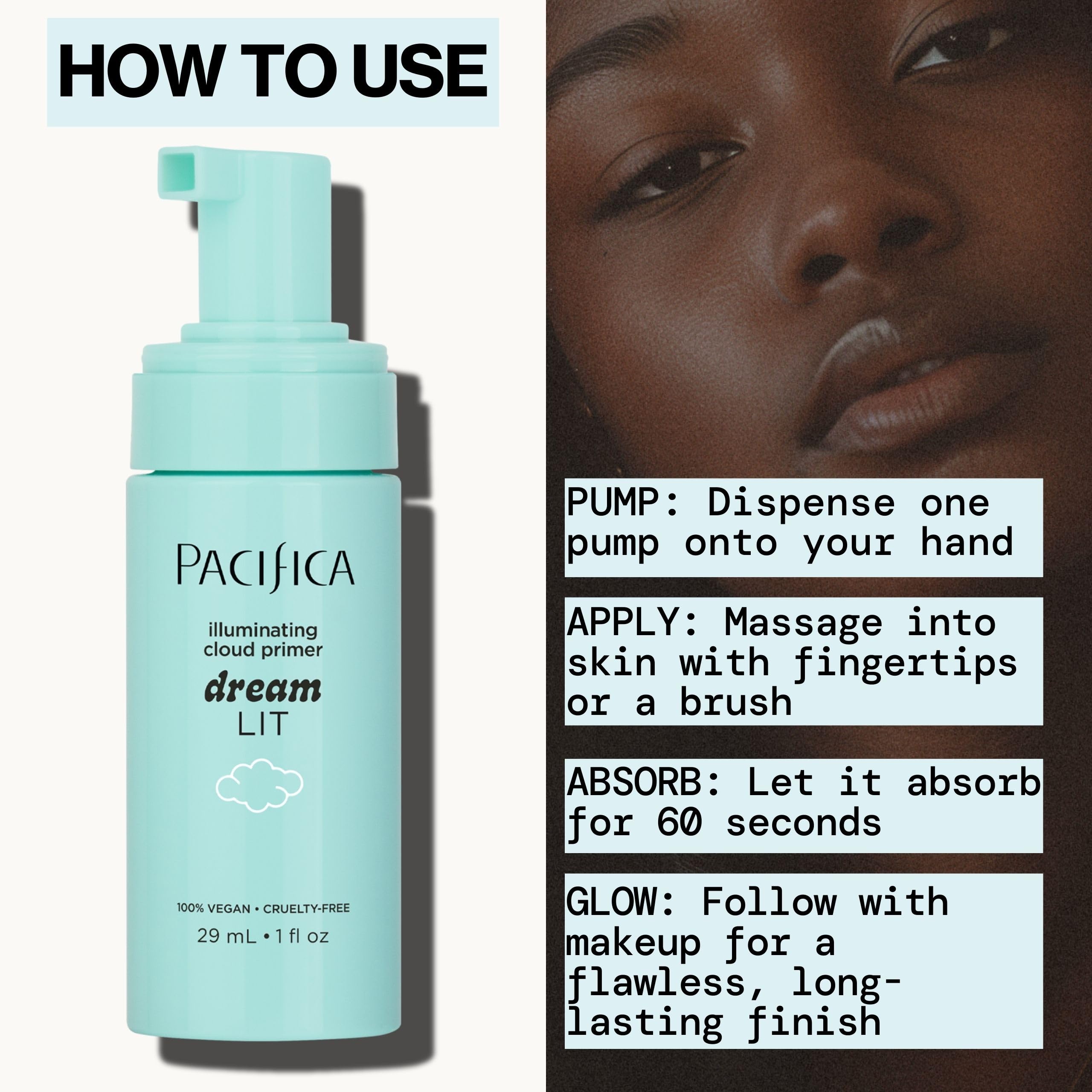 Pacifica Dreamlit under foundation demonstration illustrating longer-lasting makeup benefit