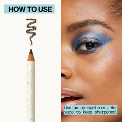Pacifica pencil inside a makeup bag on a vanity, travel ready and eco conscious