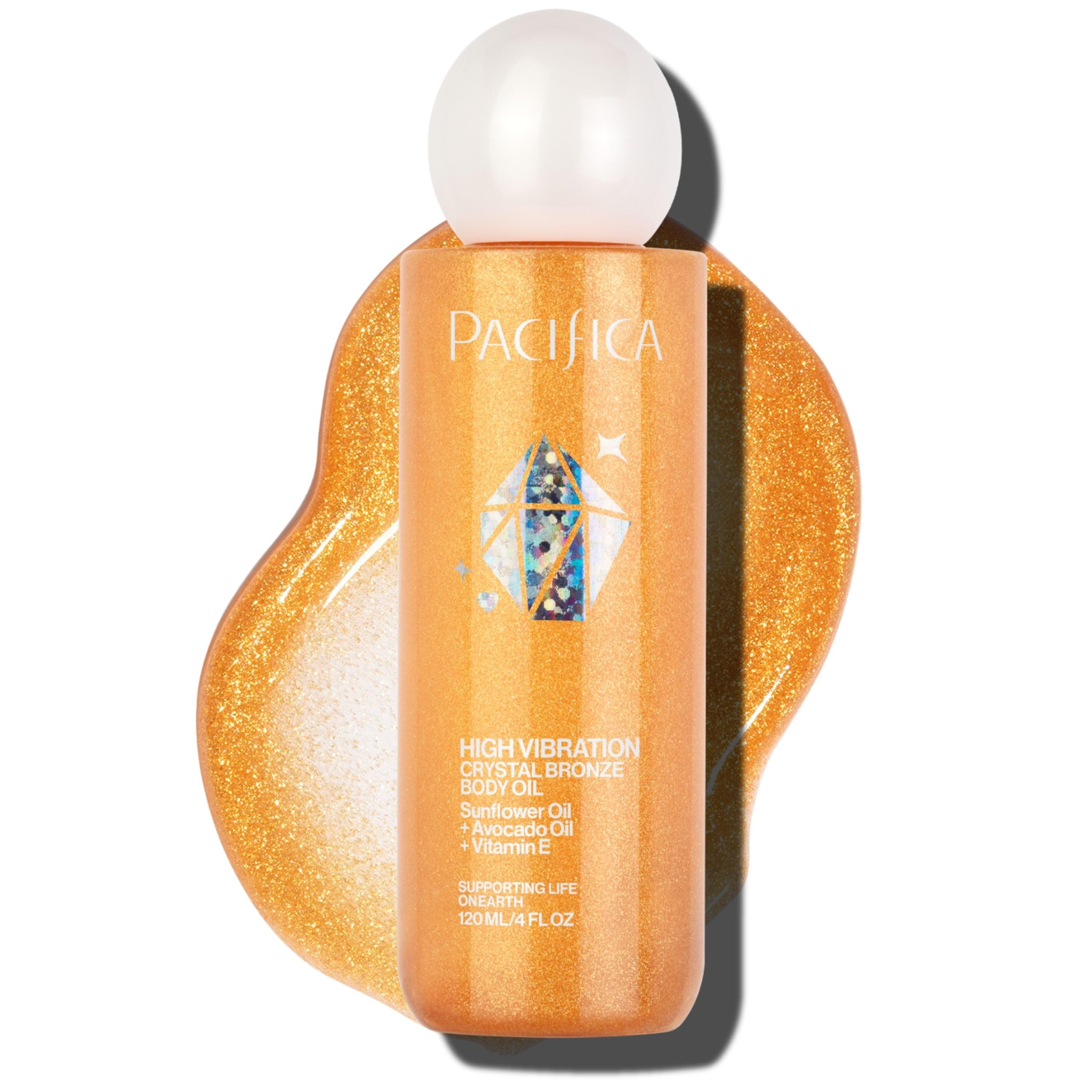 Pacifica front bottle showing bronze body oil and radiant glow benefit