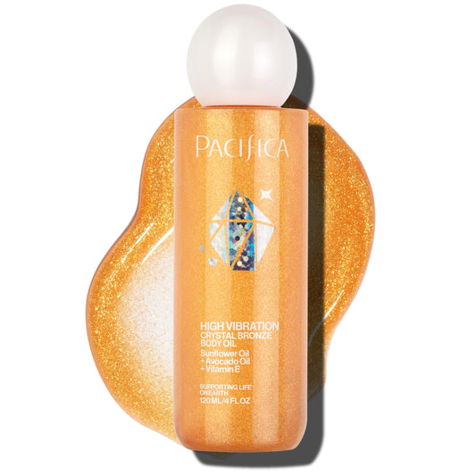 Pacifica front bottle showing bronze body oil and radiant glow benefit