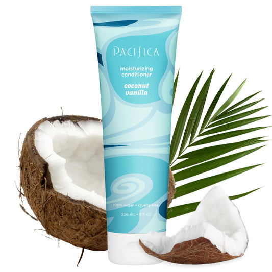 Pacifica front packaging showing coconut vanilla conditioner and clean beauty promise for hydrated hair