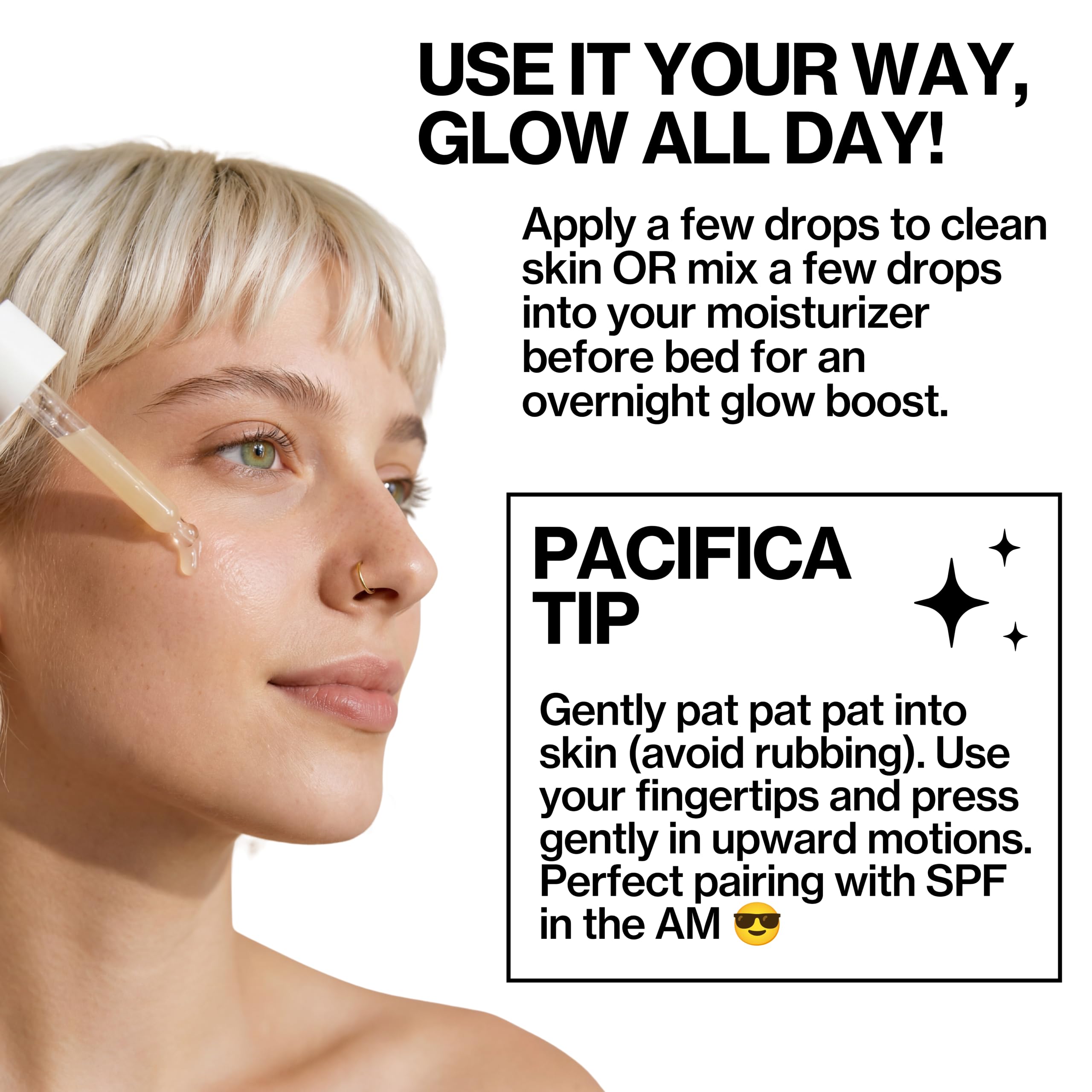 Pacifica Glow Baby bottle on bathroom counter as part of skincare routine