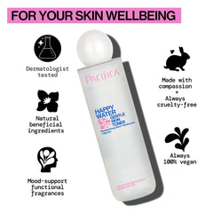 Pacifica Happy Water ingredients label highlighting ceramides and hyaluronic acid benefits