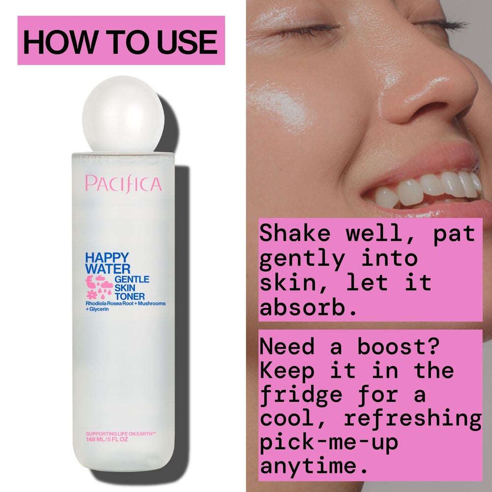 Pacifica Happy Water skin before and after showing plumper, balanced-looking skin
