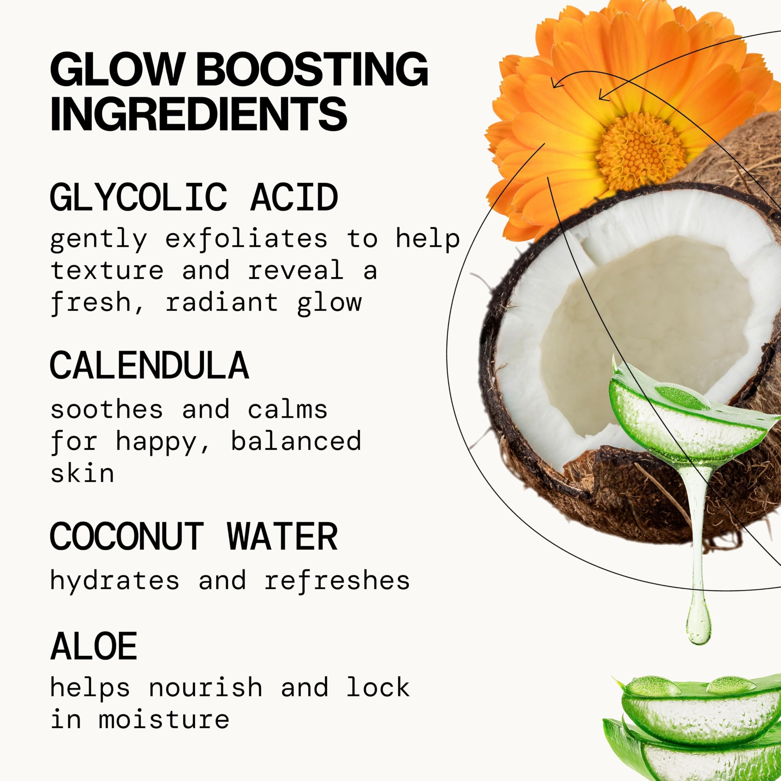 Pacifica ingredient collection of coconut water aloe and calendula soothing skin