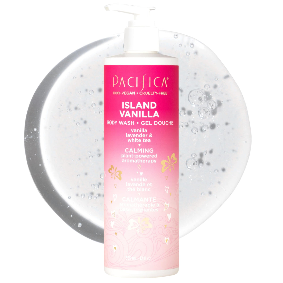 Pacifica front bottle showing label and vanilla scent benefits