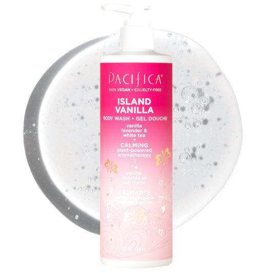 Pacifica front bottle showing label and vanilla scent benefits