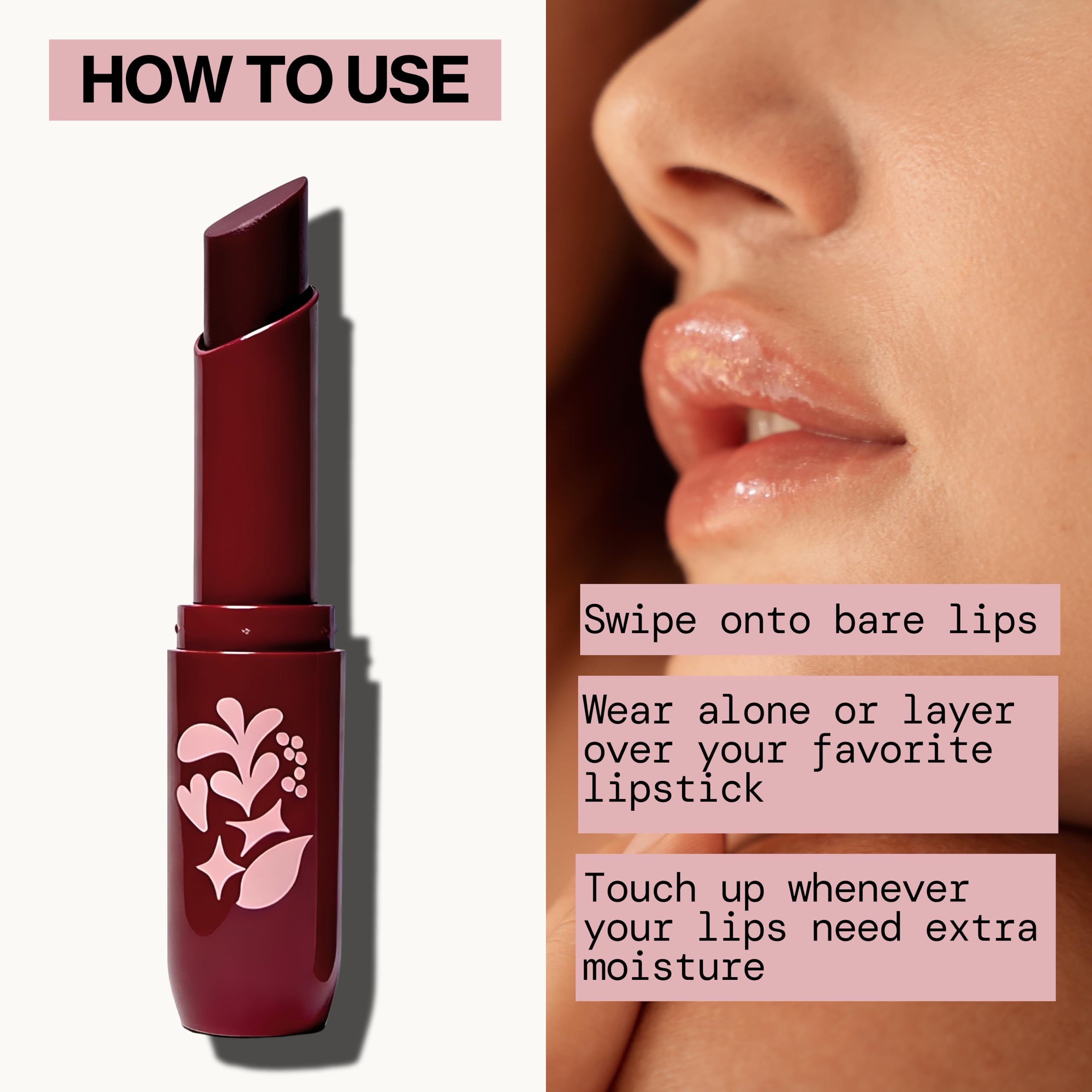 Pacifica on model lips delivering glossy warm cinnamon tint and hydrated look