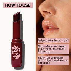 Pacifica on model lips delivering glossy warm cinnamon tint and hydrated look
