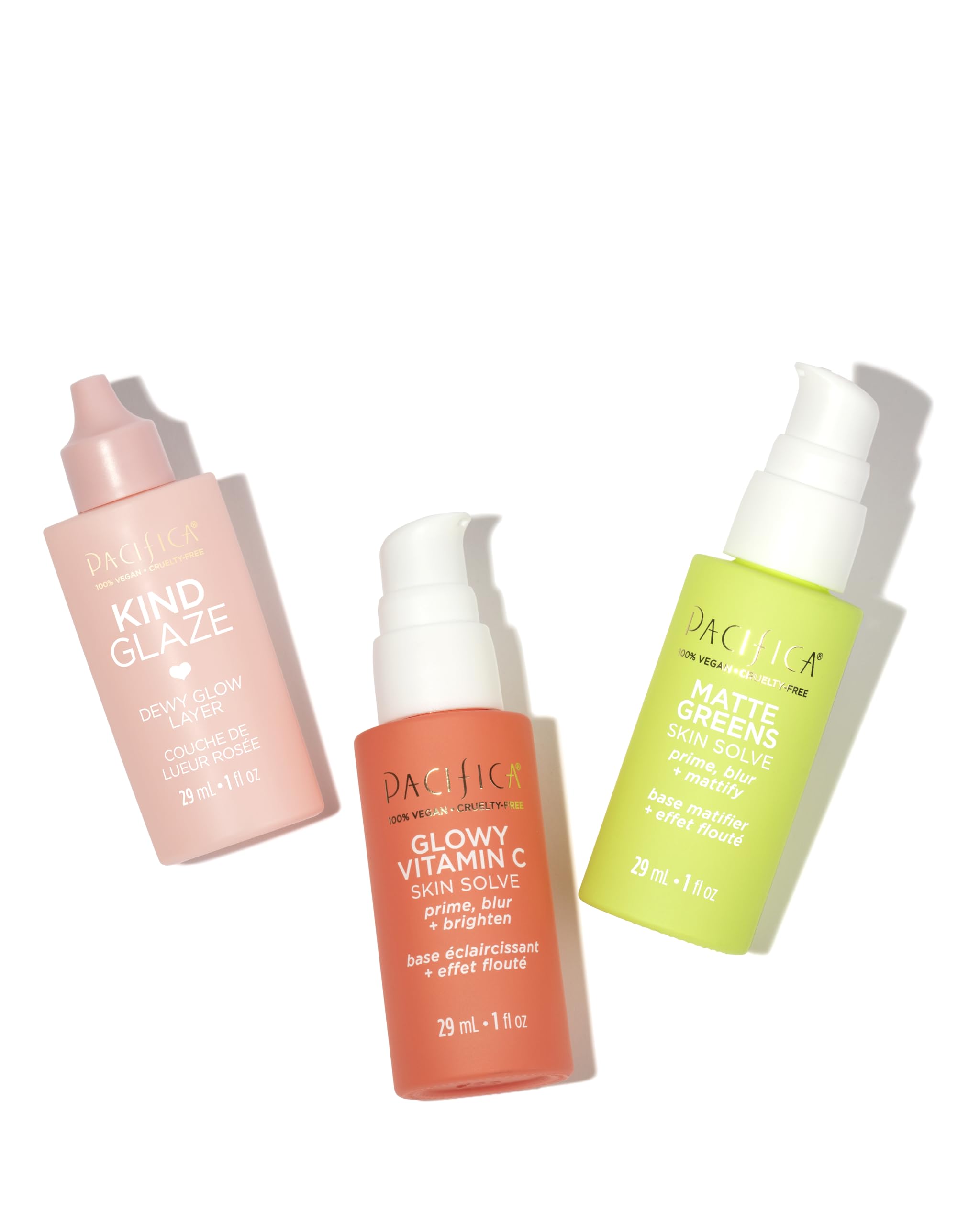 Pacifica primer next to coin for size scale showing travel-friendly bottle and convenience