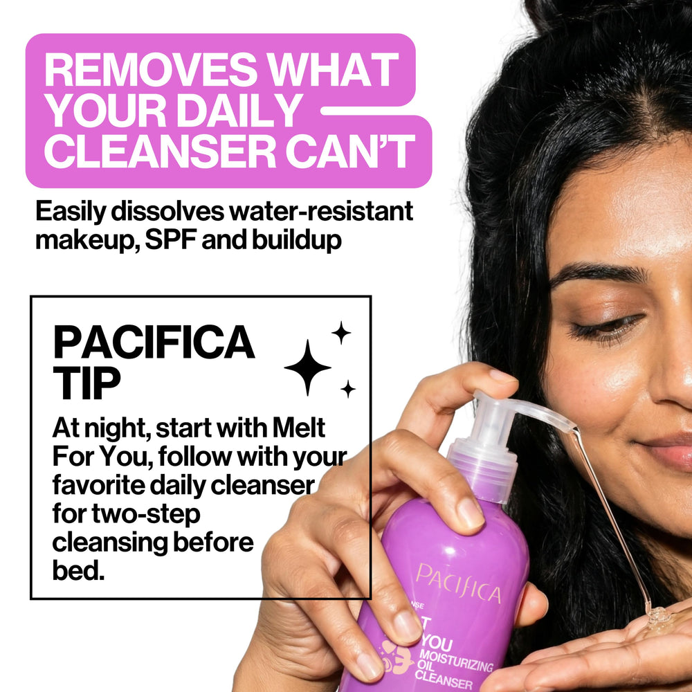 Pacifica pump closeup dispensing oil cleanser for easy, mess-free application