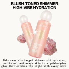 Pacifica bottle close-up revealing real rose quartz crystals for ritual appeal