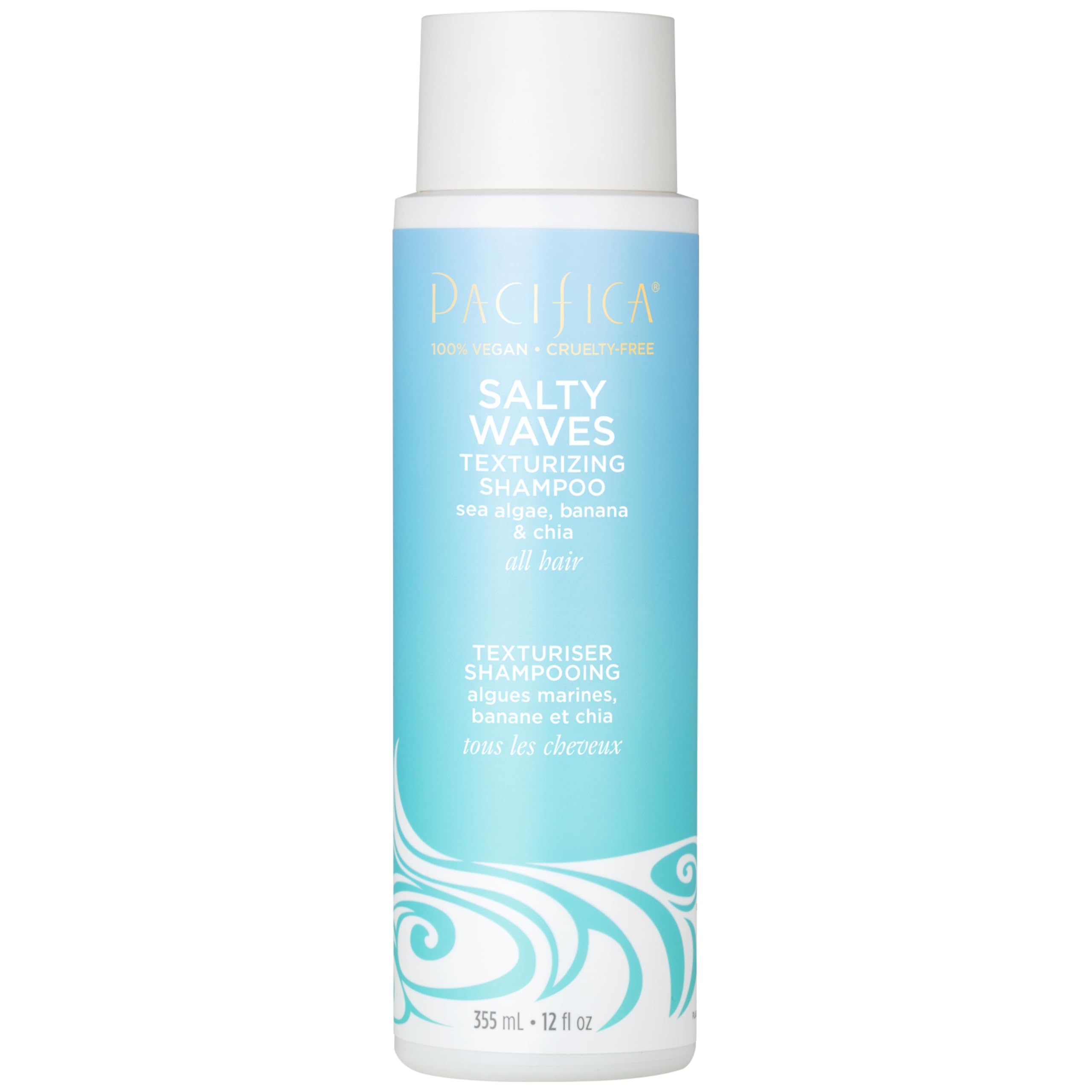 Pacifica front bottle shot showing Salty Waves shampoo and clean-beauty label benefits