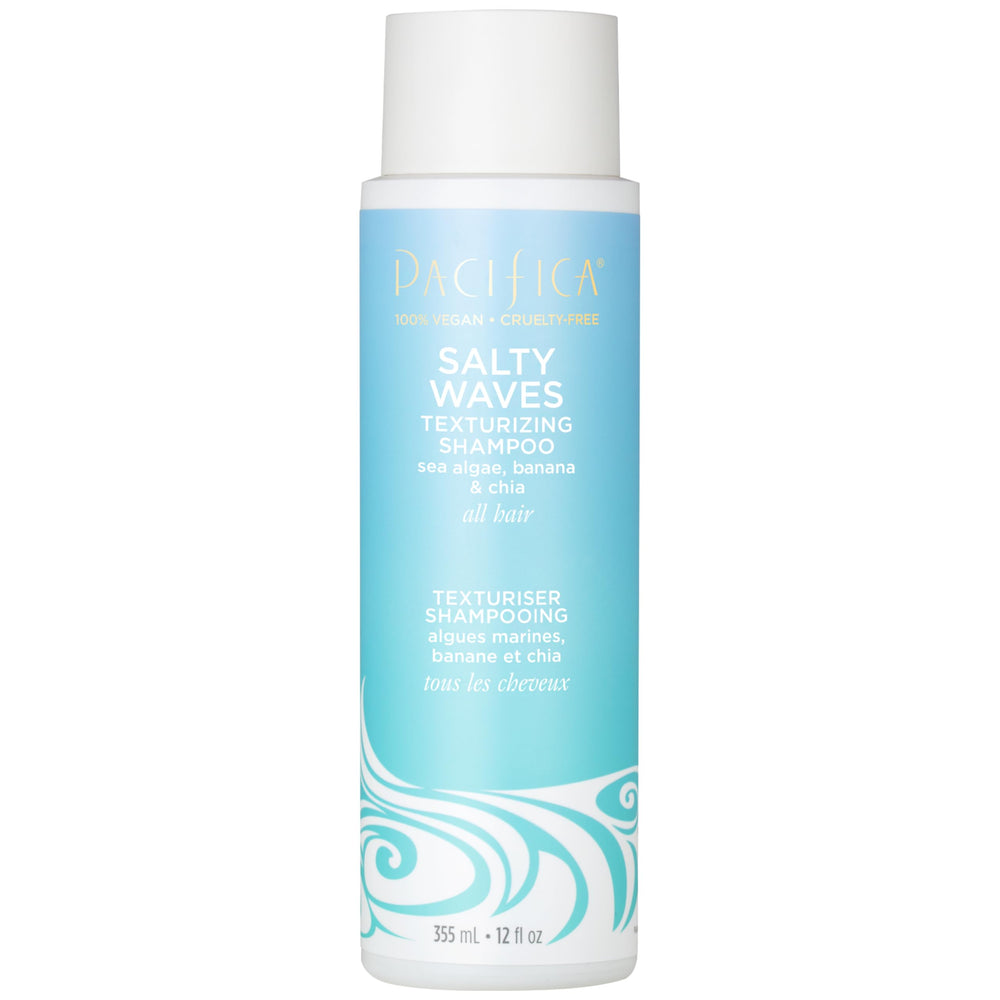 Pacifica front bottle shot showing Salty Waves shampoo and clean-beauty label benefits