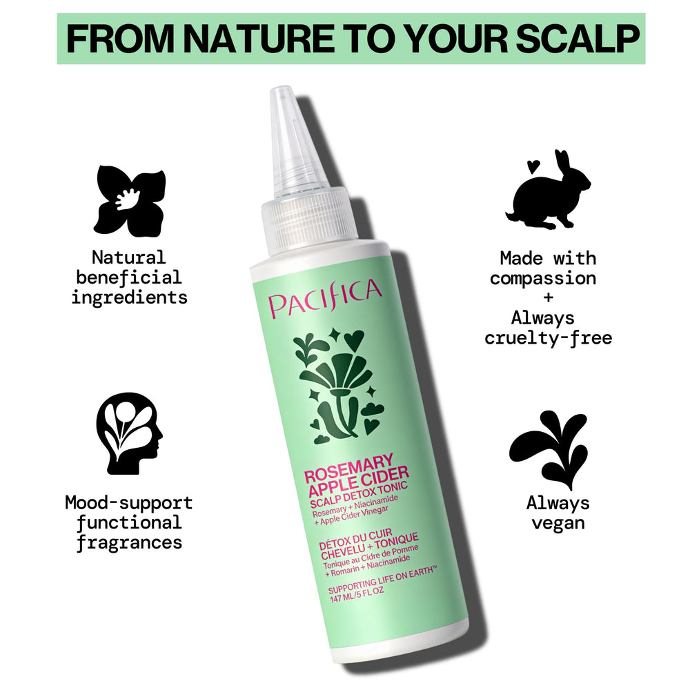 Side-by-side scalp photos with Pacifica tonic showing reduced visible flakes