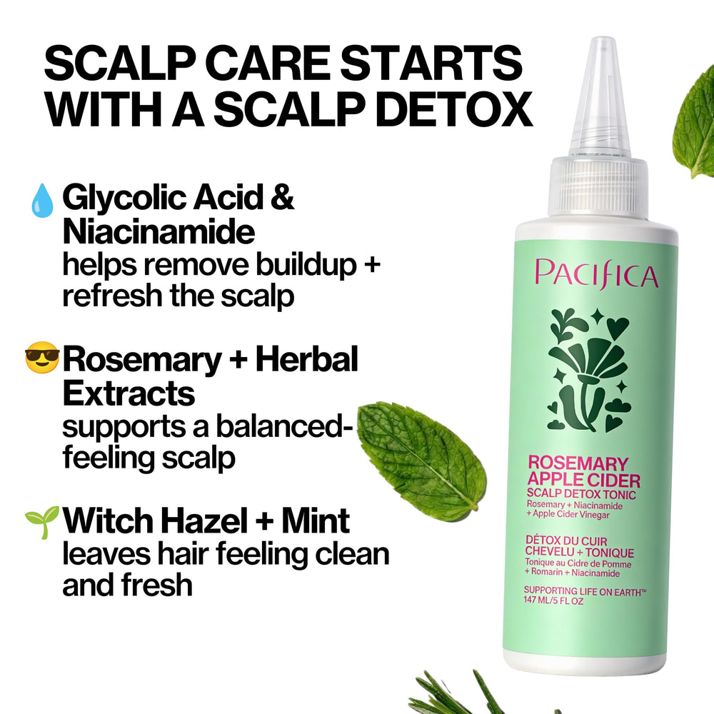 Pacifica tonic nozzle applying to parted scalp for precise pre-shampoo treatment