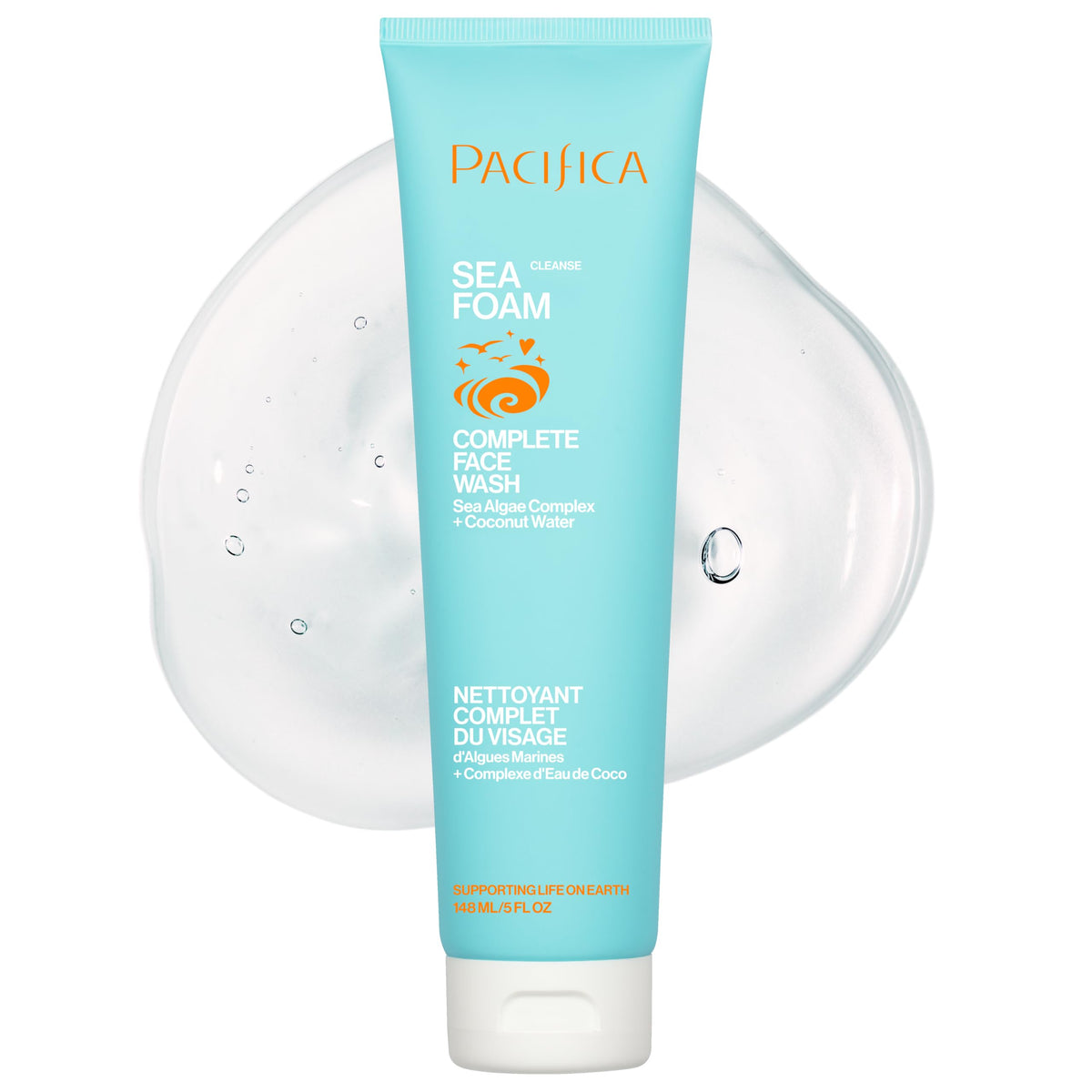 Pacifica Sea Foam face wash front packaging showing label and size benefits