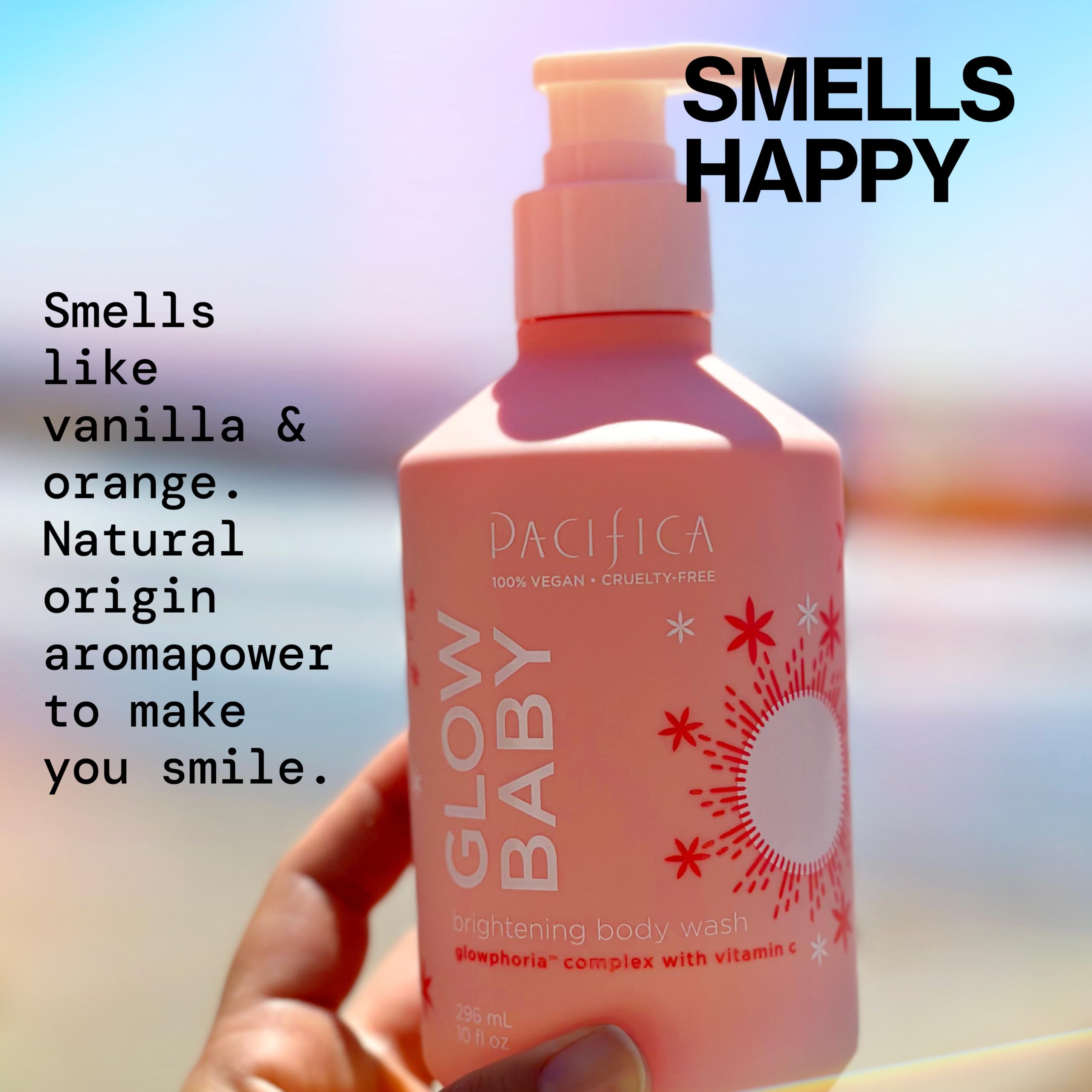 Pacifica 10 oz bottle in hand to show true size and travel friendliness