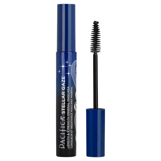 Pacifica Stellar Gaze glass vial front view showing luxe recyclable packaging and bold black shade