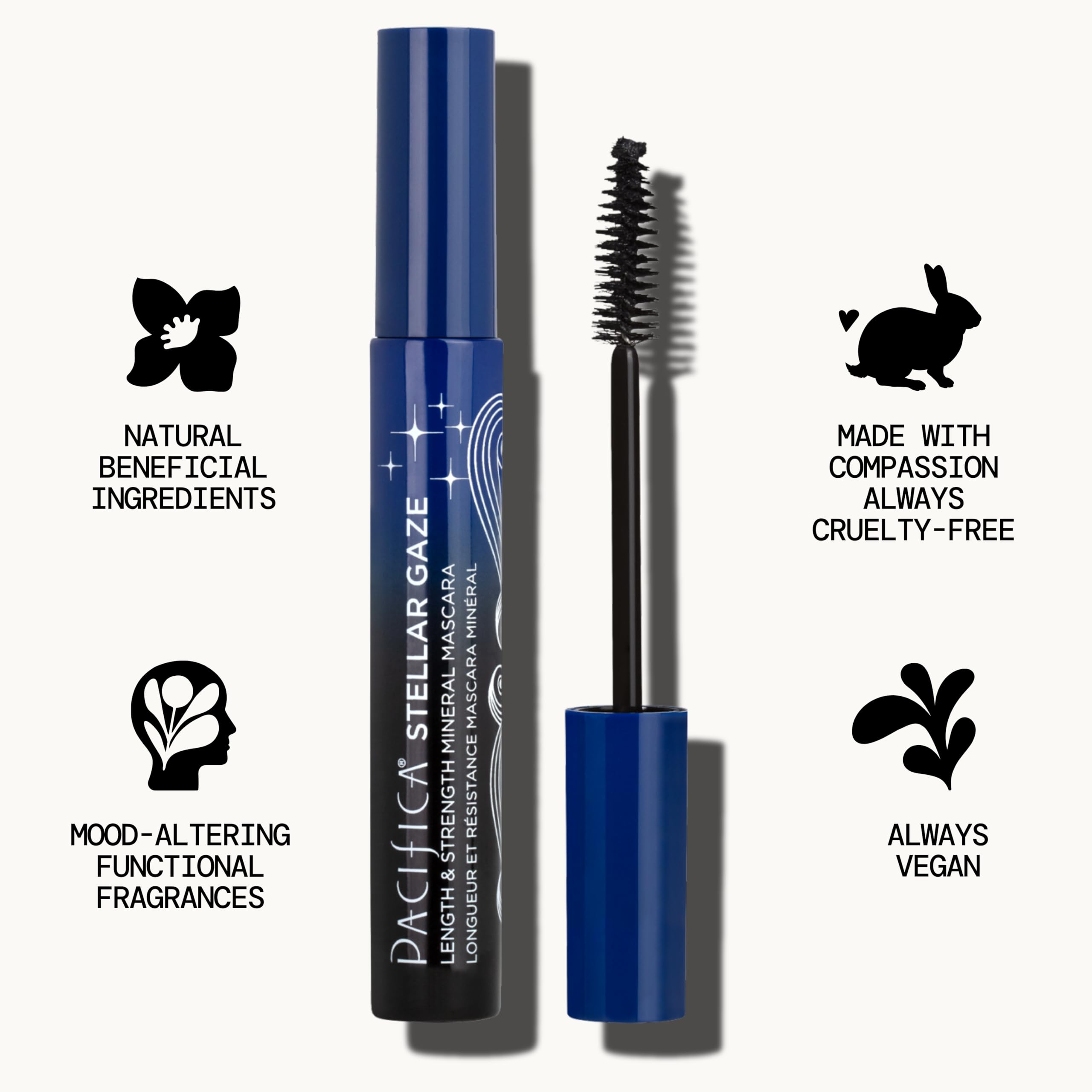 Pacifica Stellar Gaze next to common items to show 0.34 oz size and travel-friendly convenience