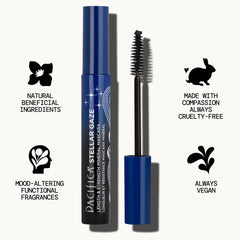 Pacifica Stellar Gaze next to common items to show 0.34 oz size and travel-friendly convenience