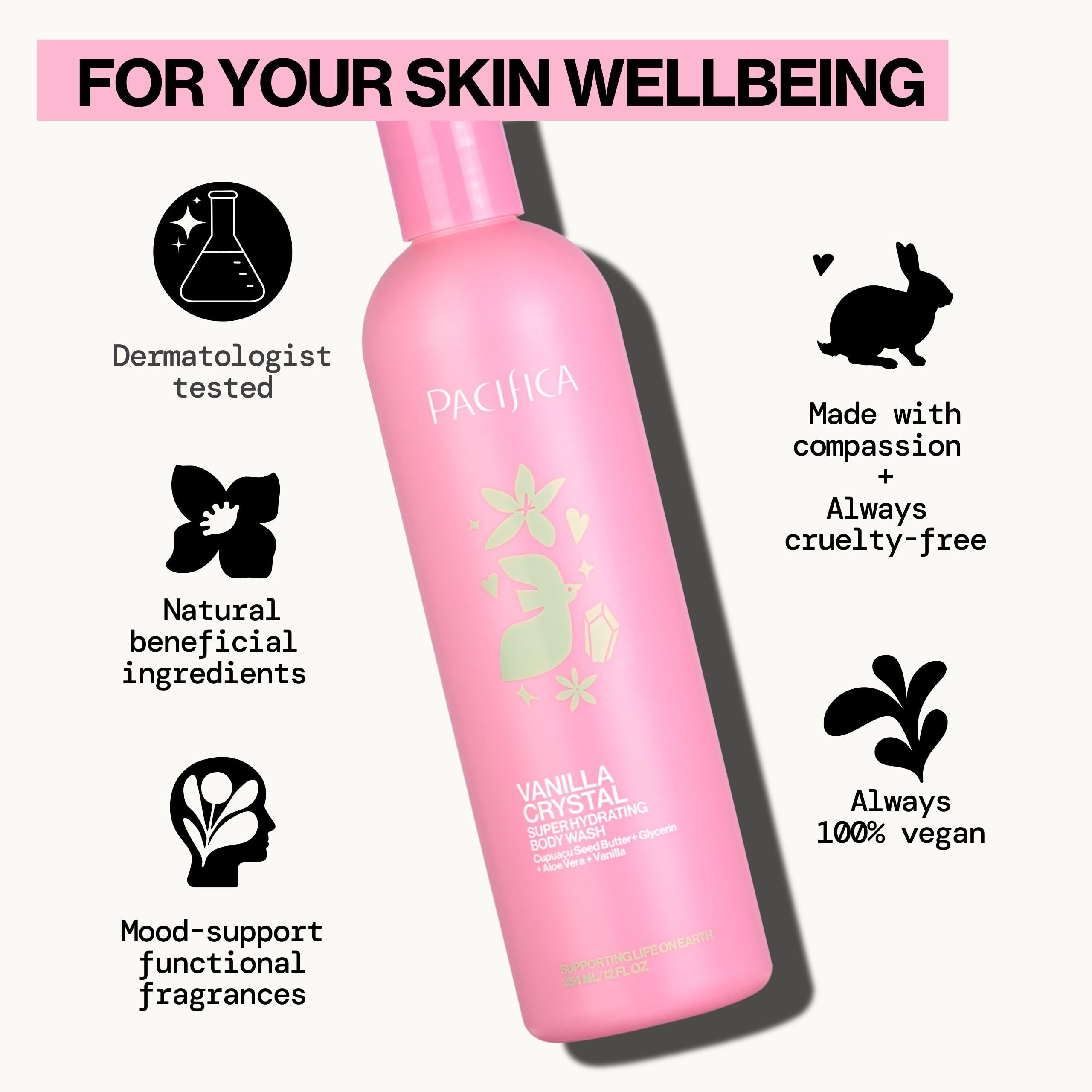 Pacifica bottle in shower scene illustrating gentle daily cleansing benefit