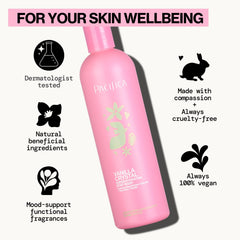 Pacifica bottle in shower scene illustrating gentle daily cleansing benefit