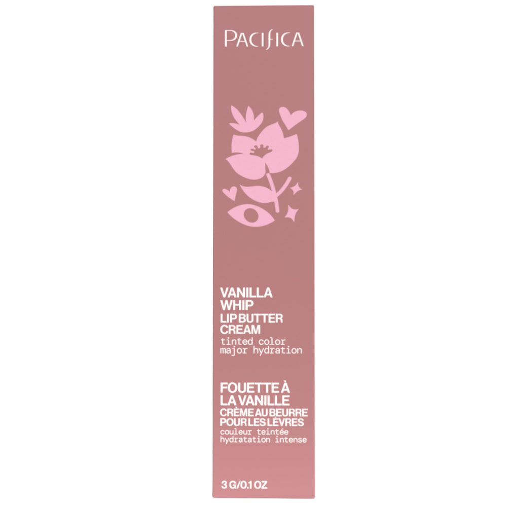 Pacifica applied on lips showing soft vanilla tint and glossy hydrated look