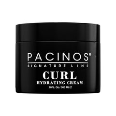 Pacinos front packaging of curl hydrating cream showing jar and brand benefits