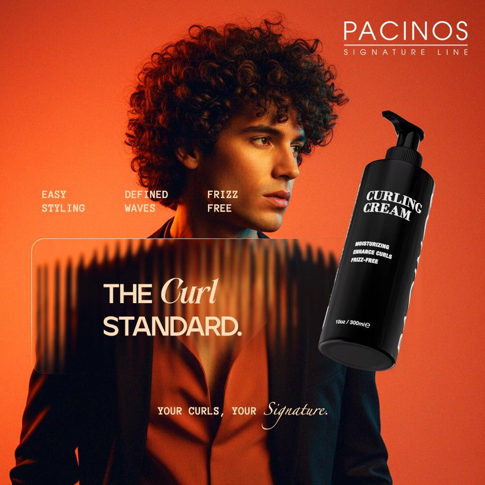Before and after curls using Pacinos showing visible frizz reduction and shine