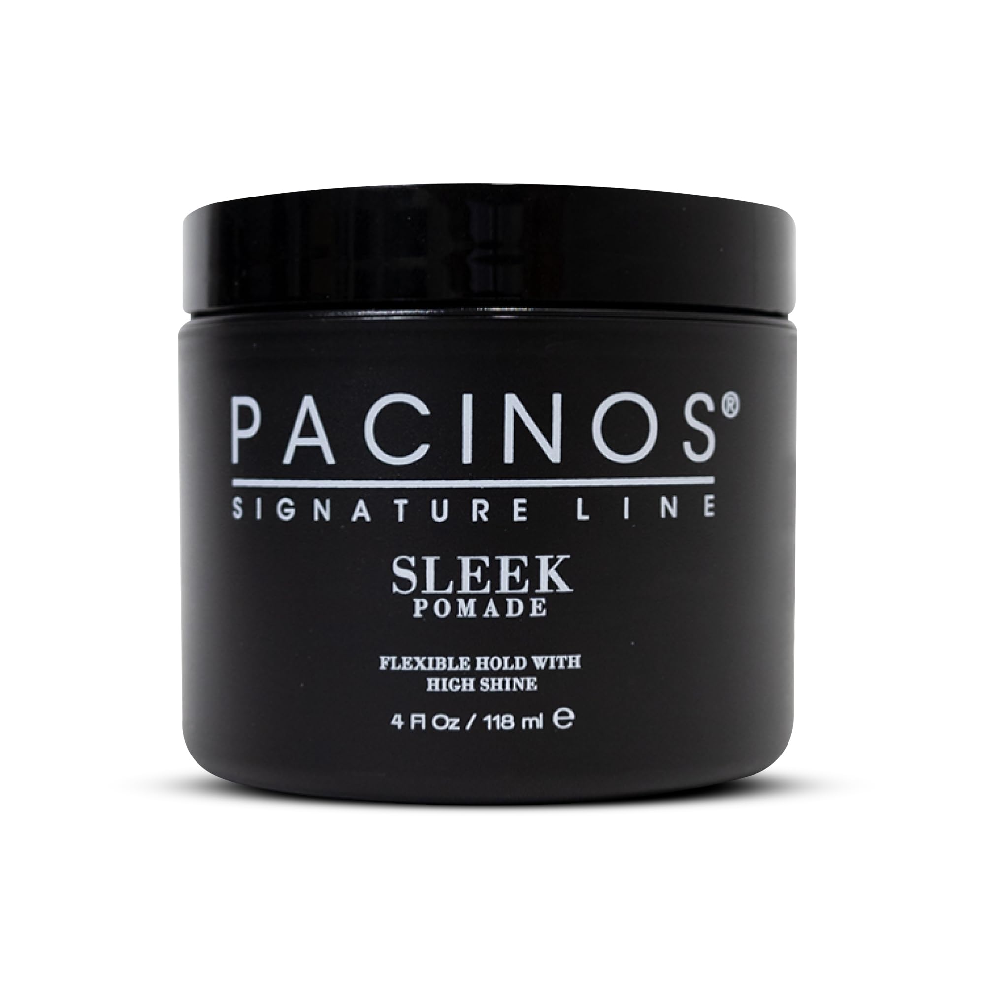 Pacinos pomade front jar showing packaging and glossy finish benefit