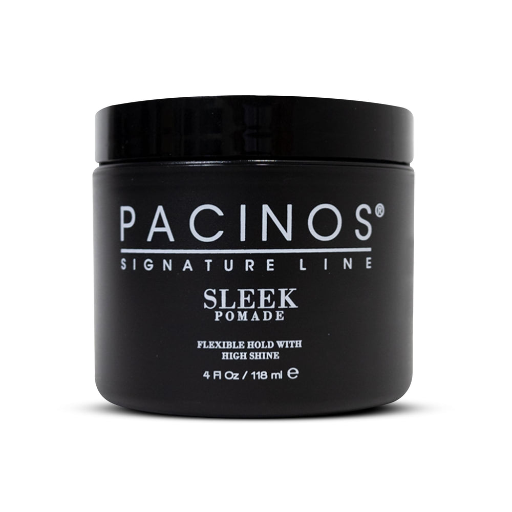 Pacinos pomade front jar showing packaging and glossy finish benefit