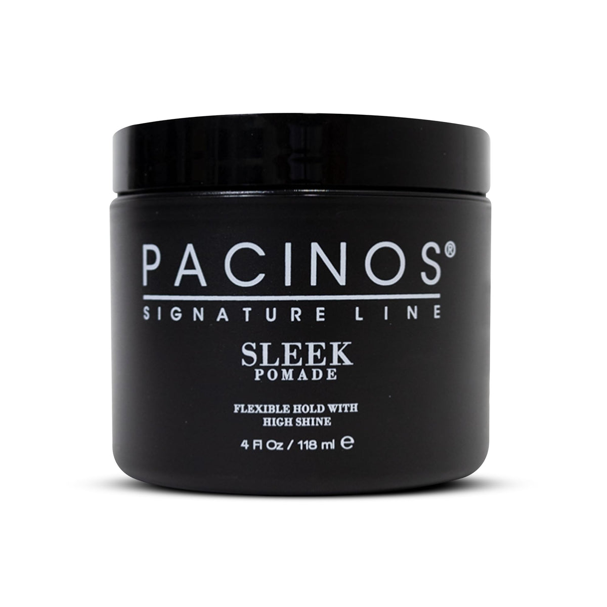 Pacinos pomade front jar showing packaging and glossy finish benefit