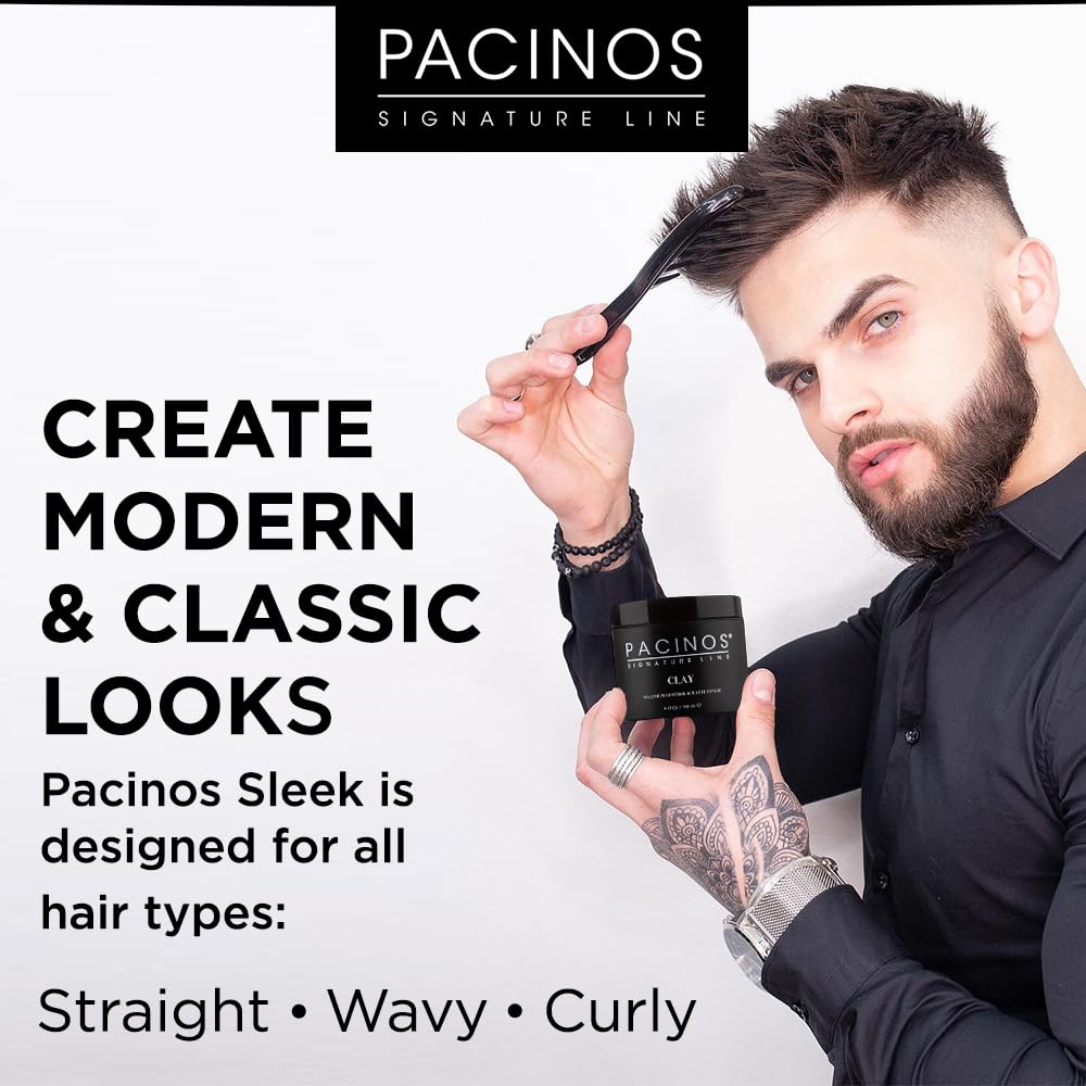 Pacinos pomade styled slick-back haircut demonstrating long-lasting shine benefit