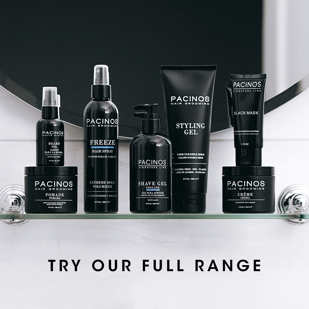 Pacinos Sleek on grooming shelf in routine offering salon-quality look