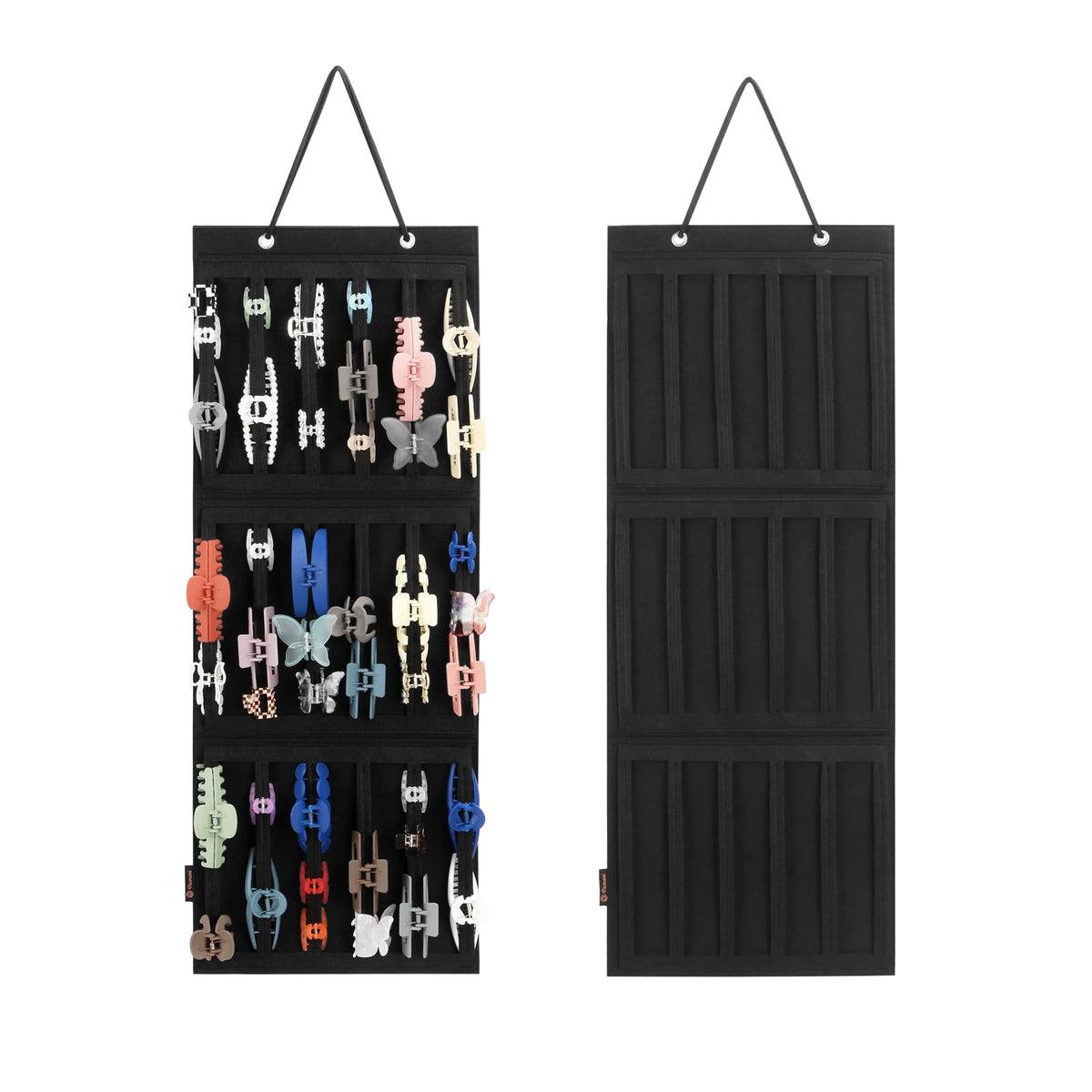 PACMAXI front view of black hanger showing organized clips and clear display benefit