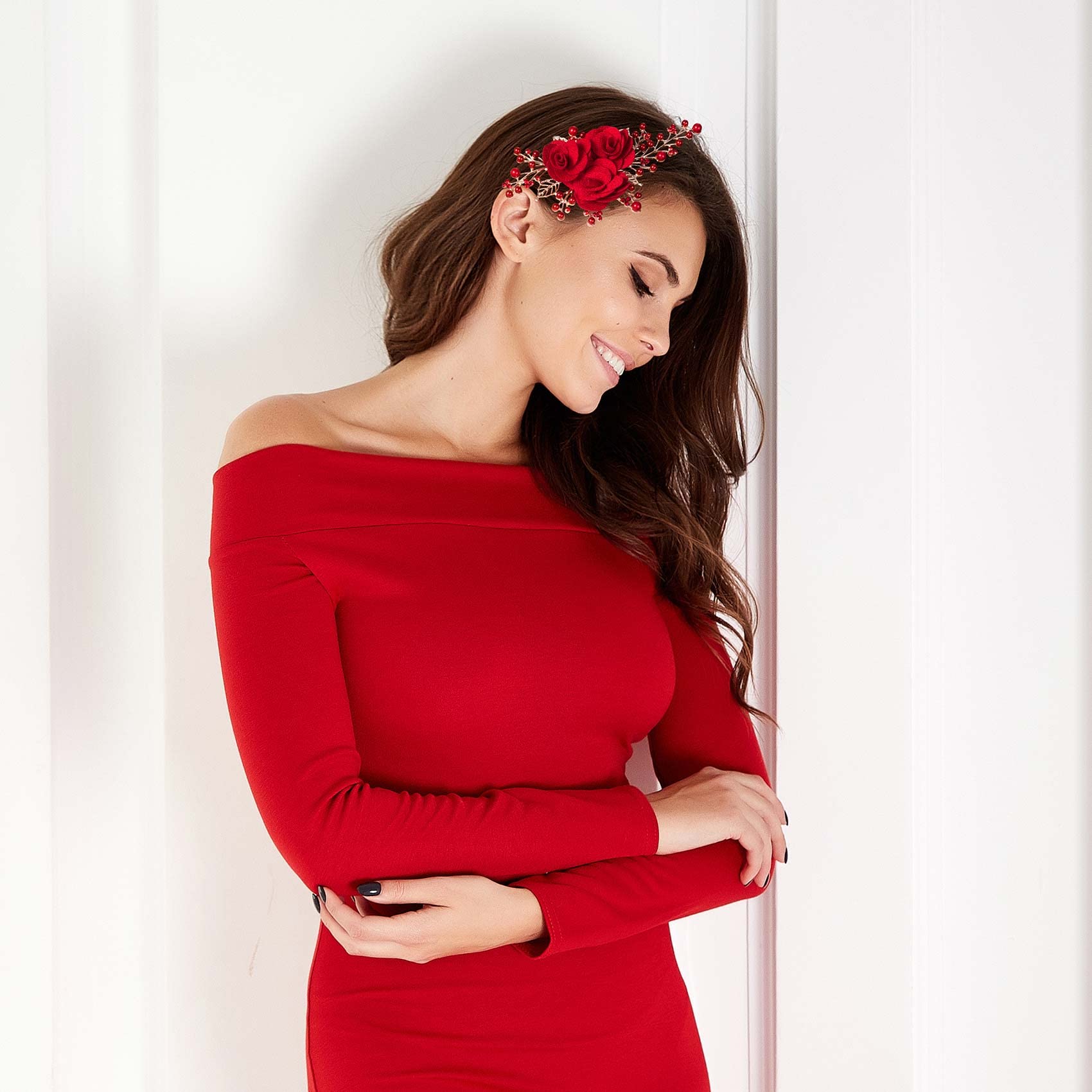 PAGOW bridal hairpiece styled on low bun demonstrating formal styling
