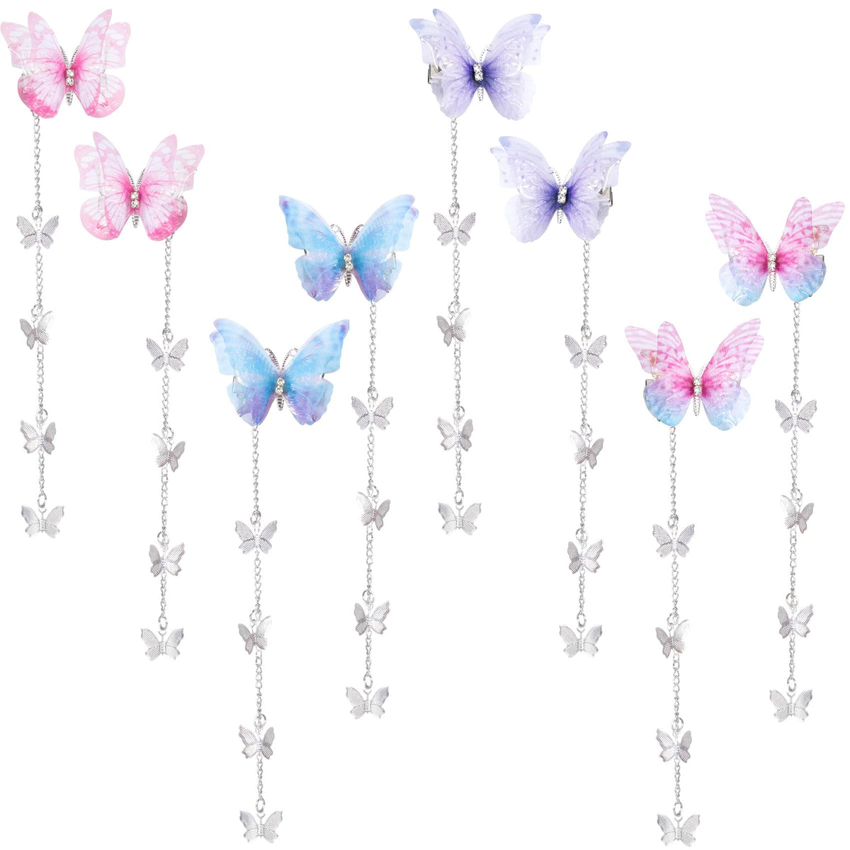 PAGOW front view of eight butterfly tassel clips showing colors and packaging benefit of complete set