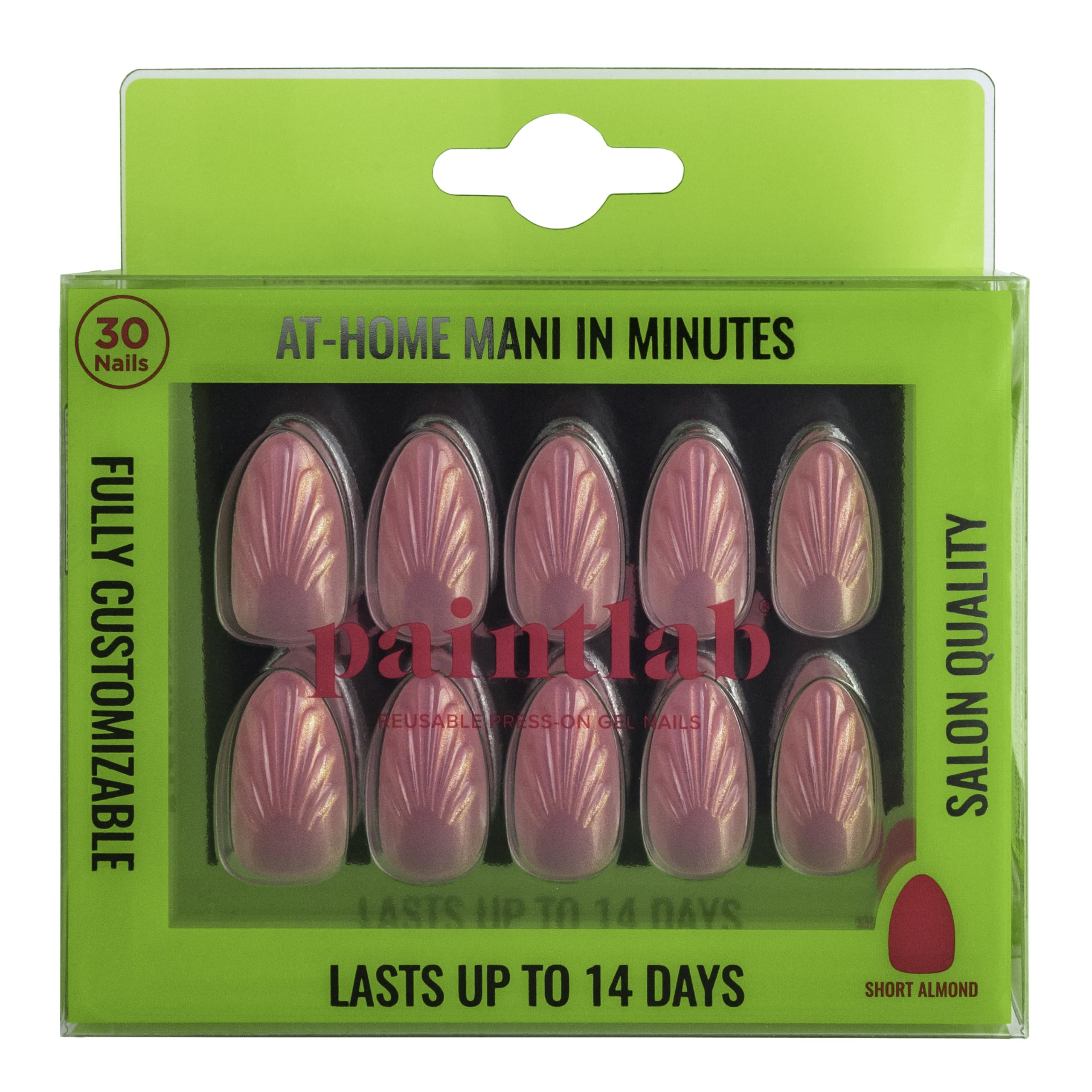 PaintLab front packaging showing pink mermaid seashell press-on nails and kit benefits
